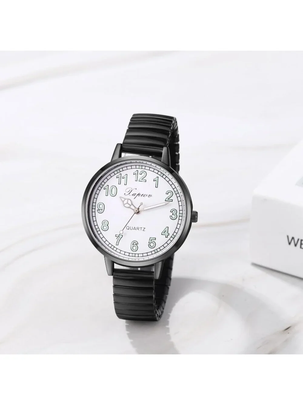 Women's Black Analog Quartz Luminous Dial Easy Reader Stretch Band Wrist Watch